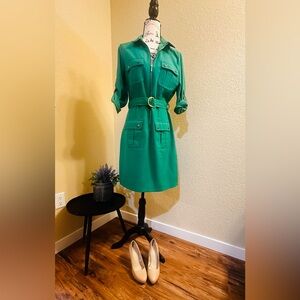 GORGEOUS Emerald Green Sharagano Belted Long Sleeve Utility Shirt Dress -Medium